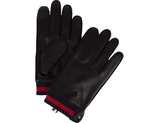 TOMMY HILFIGER Men's Winter Gloves in Black Vegan Leather with Clute Cut Logo Coloured Cuffs Size Large