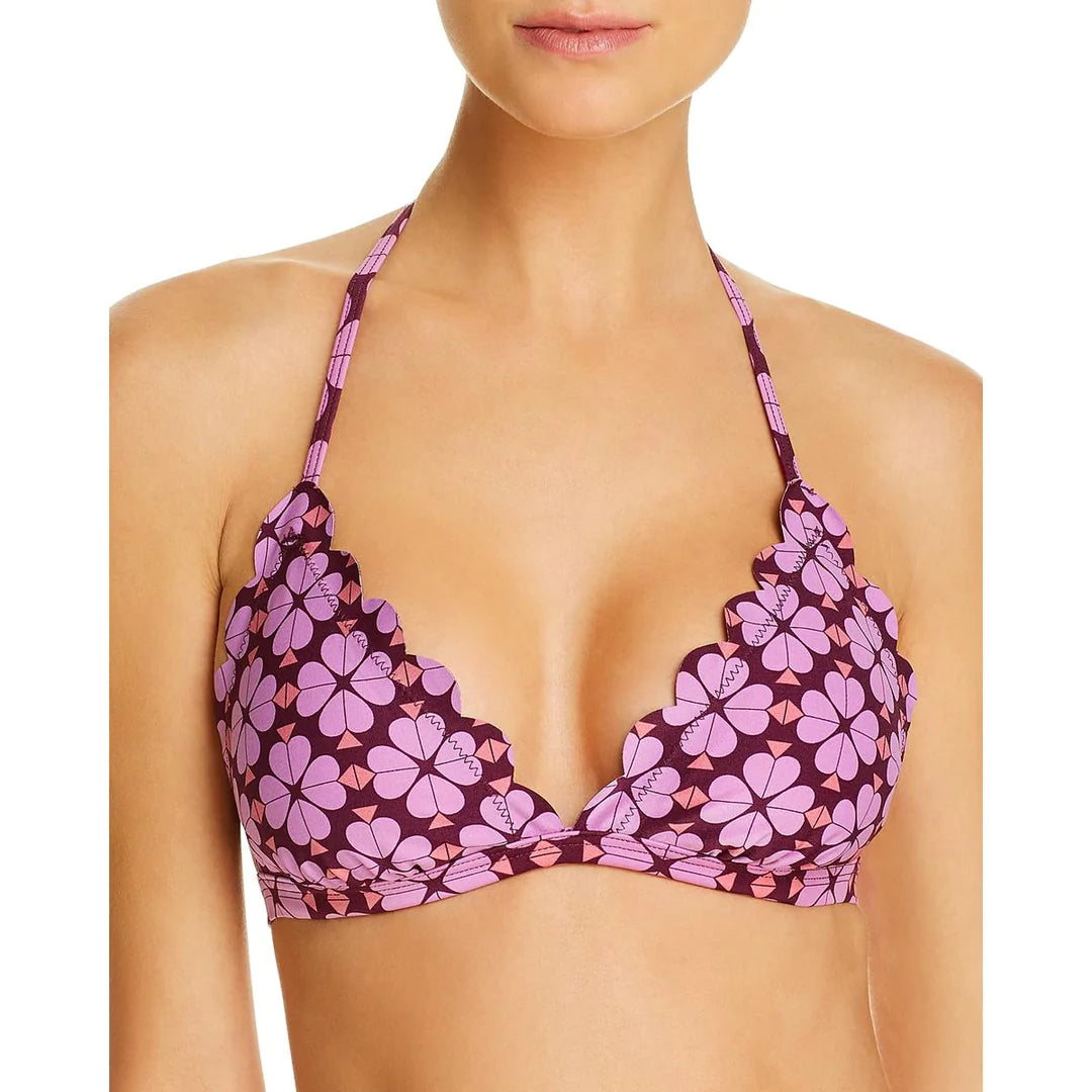 KATE SPADE Women's Purple Print Scalloped Halter Swim Top