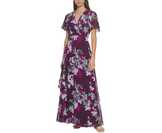 CALVIN KLEIN Women's Aubergine Flutter Sleeve Maxi Dress