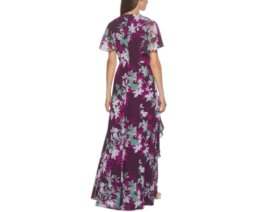 CALVIN KLEIN Women's Aubergine Flutter Sleeve Maxi Dress