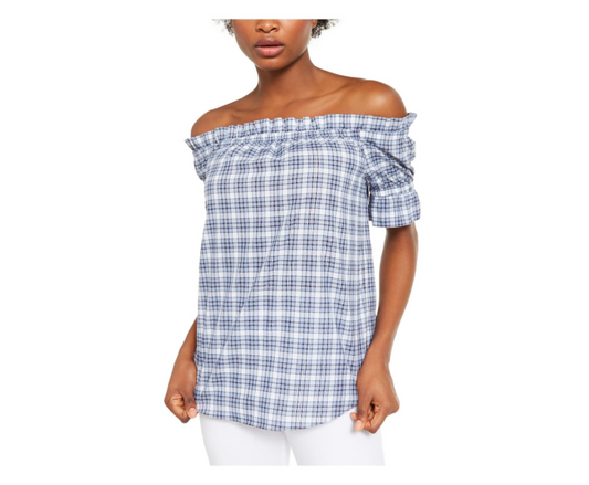 MICHAEL KORS Women's Blue Plaid Off-the-Shoulder Blouse