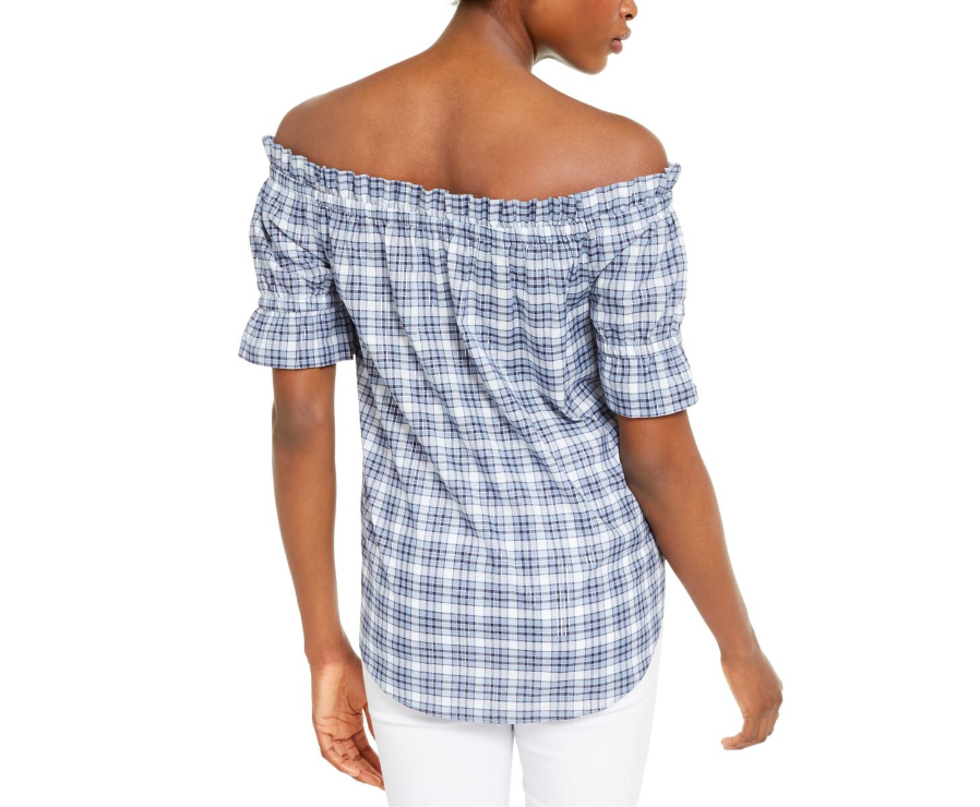 MICHAEL KORS Women's Blue Plaid Off-the-Shoulder Blouse