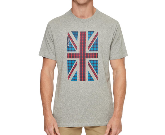 BEN SHERMAN Men's House Check Flag Graphic T-Shirt in Oxford Marle Grey