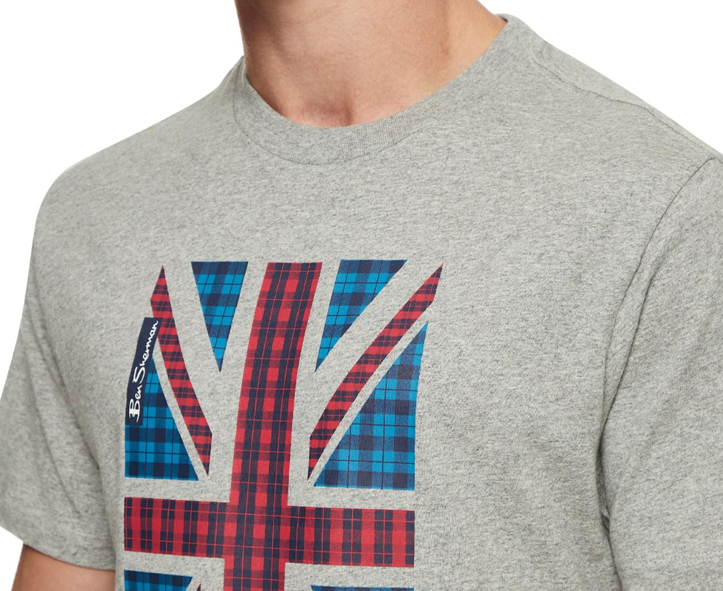 BEN SHERMAN Men's House Check Flag Graphic T-Shirt in Oxford Marle Grey