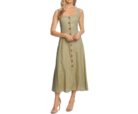 VINCE CAMUTO Women's Button Front Sleeveless Linen Midi Dress in Soft Willow