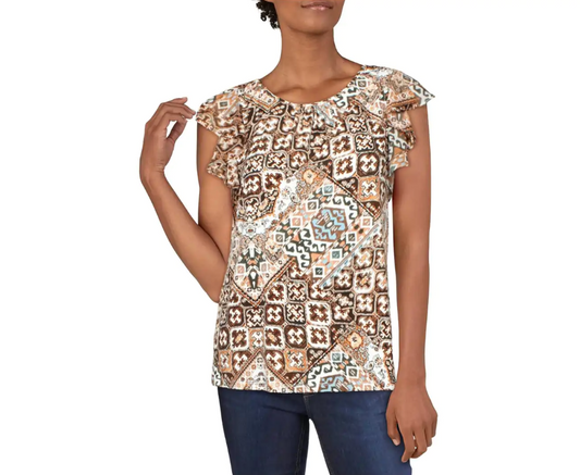 CALVIN KLEIN Women's Tan Printed Flutter Sleeve Blouse Top