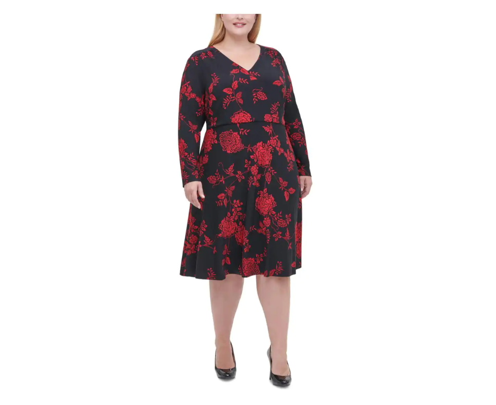 TOMMY HILFIGER Women's Red and Black Floral Printed Midi Dress